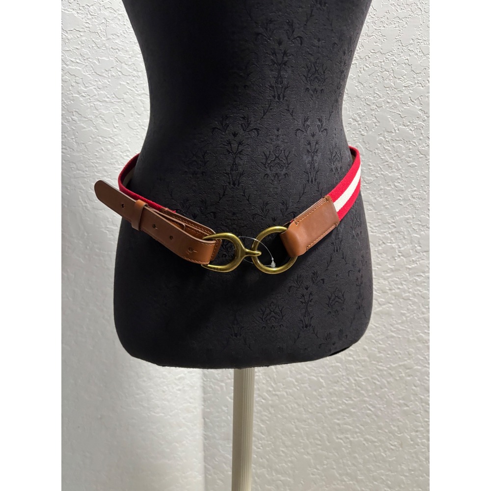 Lauren Ralph Lauren Red White Striped Leather Web Belt Brass Buckle M NEW